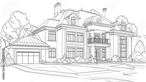 Black and white coloring page of a large luxury house with a garage