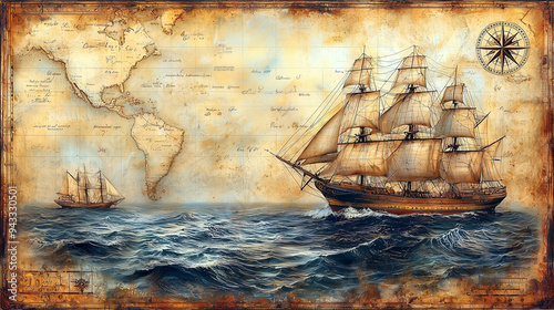 An old map with sailing ships, continents and oceans photo