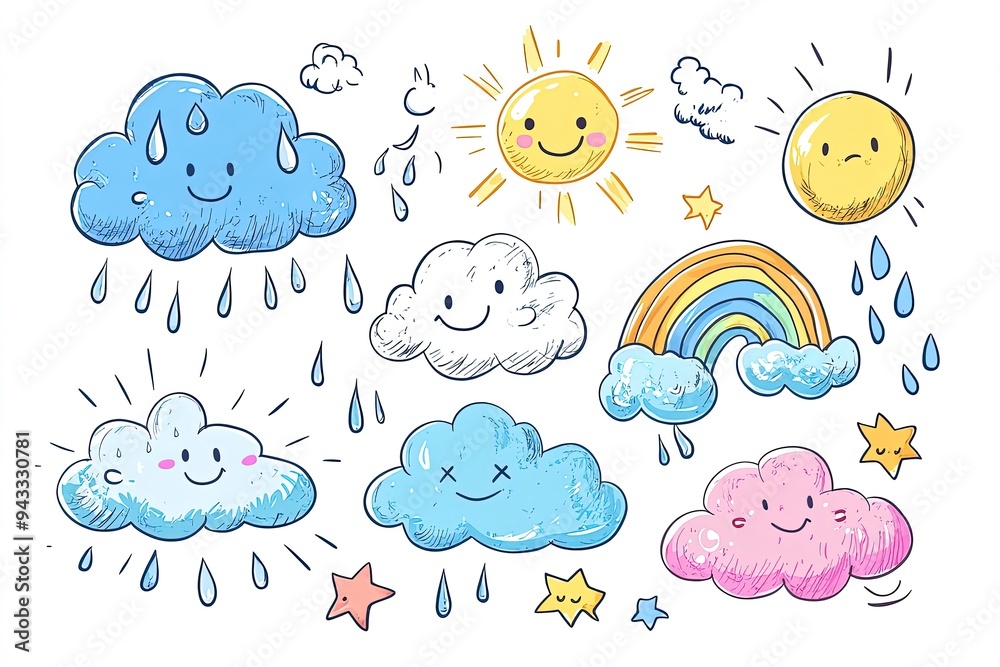 Cloud rain weather cartoon cute set. Cloud, sun, moon weather character with smile and angry face. Hand drawn doodle sketch style. Rainbow, wind, tornado doodle character. Generative Ai Cloud rain weather cartoon cute set. Cloud, sun, moon weather character with smile and angry face. Hand drawn doodle sketch style. Rainbow, wind, tornado doodle character. Generative Ai
