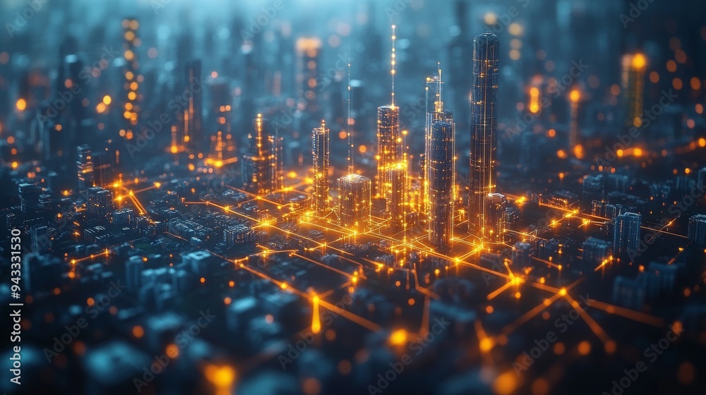 An intricate representation of energy networks flowing through a sprawling, illuminated urban environment.