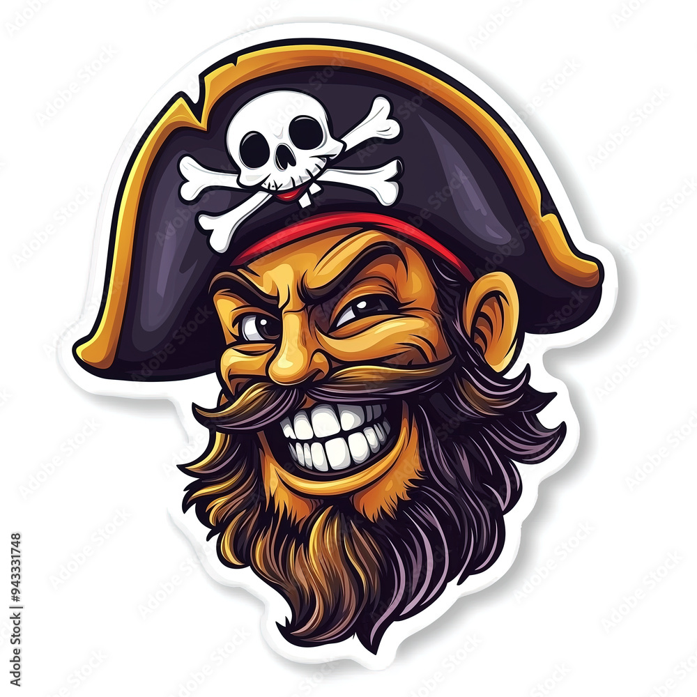 Fototapeta premium Sticker with a head of a cheerful pirate in a hat. Isolated on a white background