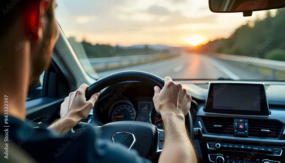 Man Driving Car at Sunset. Man Driving Car at Sunset.