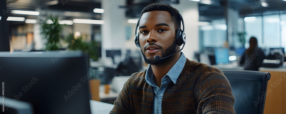 African American Male Customer Service Representative in a Modern Office African American Male Customer Service Representative in a Modern Office
