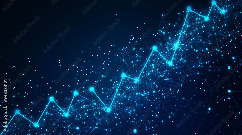 Abstract 3D growth chart in deep blue. Represents business, financial, and analytics themes. Digital vector monochrome graph with interconnected dots, lines, and shapes. Low poly diagram wireframe Abstract 3D growth chart in deep blue. Represents business, financial, and analytics themes. Digital vector monochrome graph with interconnected dots, lines, and shapes. Low poly diagram wireframe