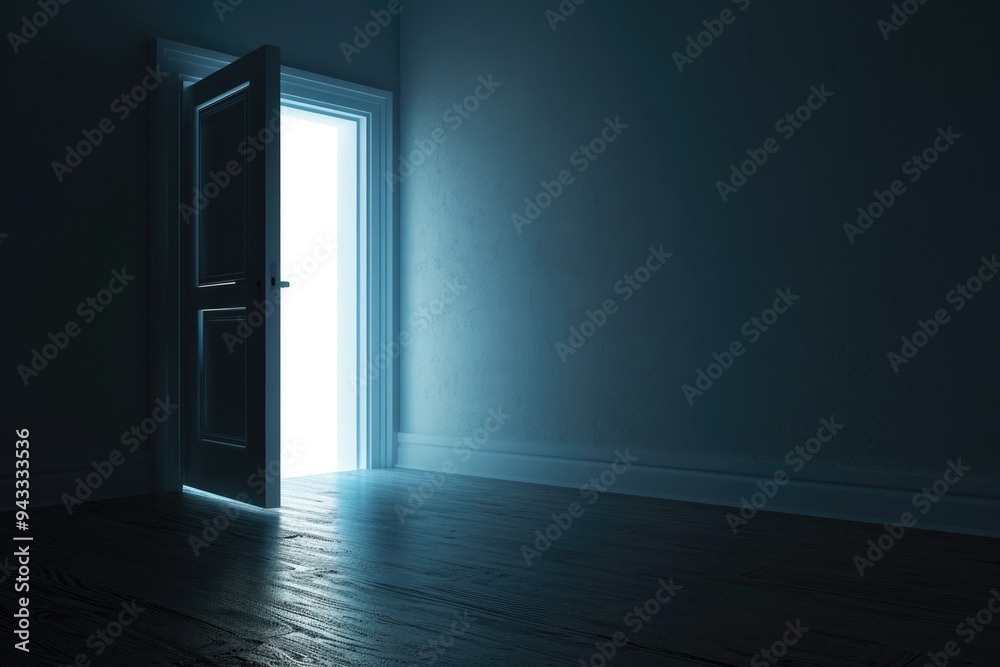 Hopeful Entrance: A Brightly Illuminated Open Door in Abstract Background Hopeful Entrance: A Brightly Illuminated Open Door in Abstract Background