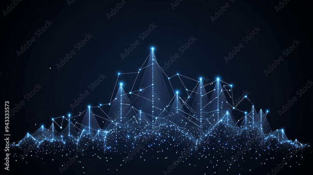 Abstract 3D growth chart in deep blue. Represents business, financial, and analytics themes. Digital vector monochrome graph with interconnected dots, lines, and shapes. Low poly diagram wireframe Abstract 3D growth chart in deep blue. Represents business, financial, and analytics themes. Digital vector monochrome graph with interconnected dots, lines, and shapes. Low poly diagram wireframe
