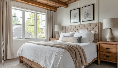 interior design of modern bedroom with lining wall and beam ceiling in farmhouse photo