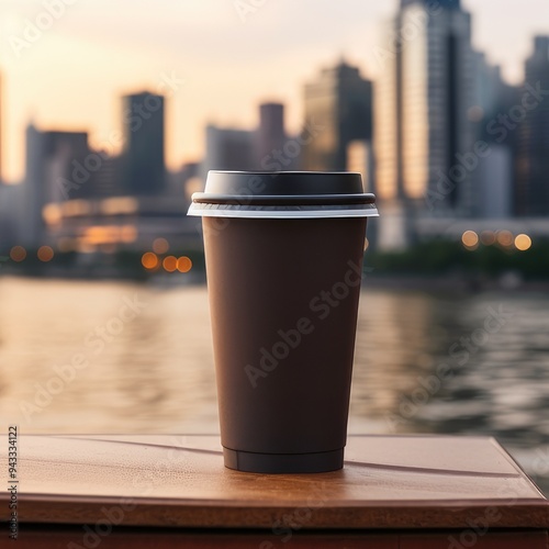 cardboard dark brown coffee cup without labels with a plastic black lid on a blurred urban background with skyscrapers in the distance