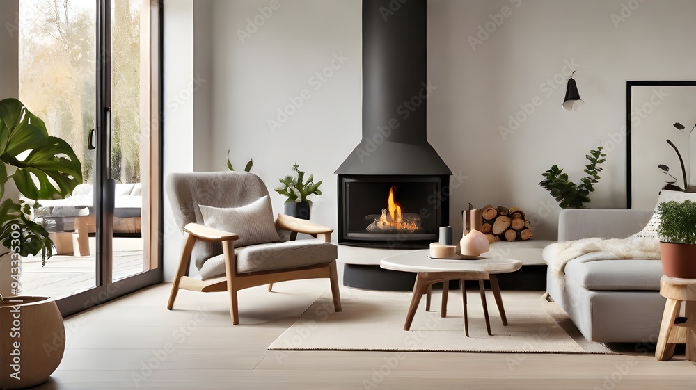Fototapeta premium A Scandinavian-style home's living area featuring a fireplace
