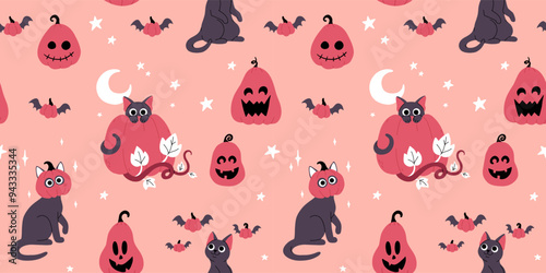 Cute black cat hiding behind a Halloween pumpkin and leaves, black cat with pumpkin on head, cat standing playing with flying pumpkins. Flat cartoon vector seamless pattern for halloween.