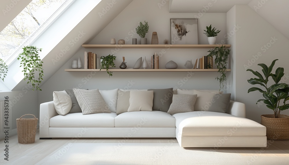 Fototapeta premium scandinavian interior design of modern living room with corner sofa