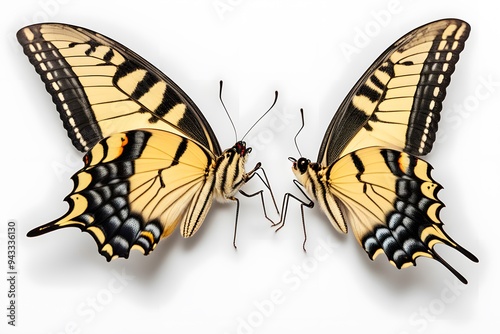 A pair of yellow swallowtail butterflies with intricate patterns on a white background, AI Generated