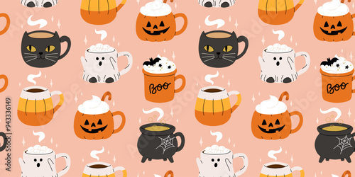 Vector collection of cute Halloween mugs. Hot cocoa with marshmallow, coffee and tea cups with cute faces, ghost, pumpkin, witch black cat and skull. Flat cartoon seamless pattern.
