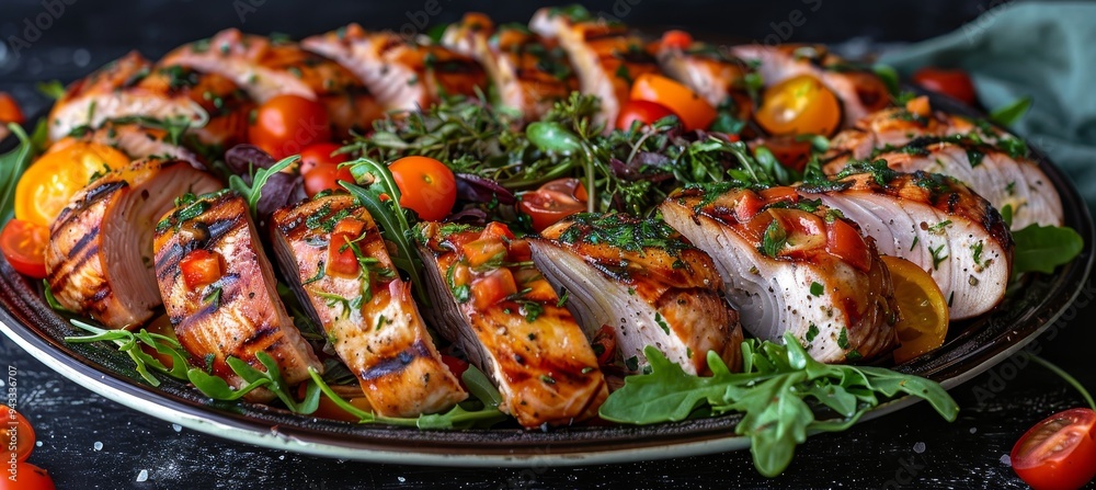 Grilled Chicken Breast Salad with Fresh Vegetables and Herbs in Black Pan, Healthy Food Concept Grilled Chicken Breast Salad with Fresh Vegetables and Herbs in Black Pan, Healthy Food Concept