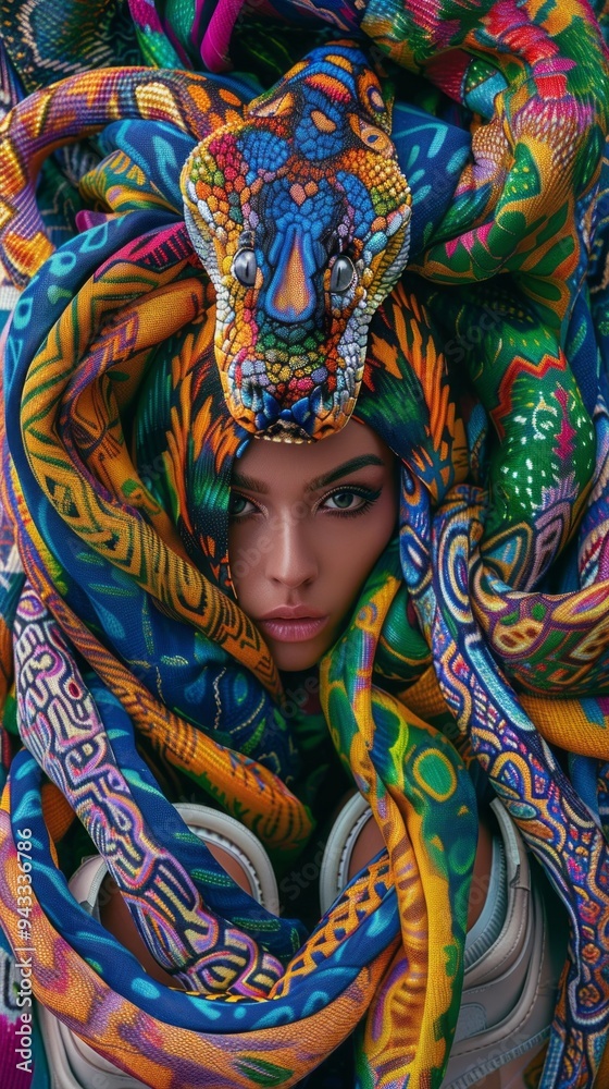 Fototapeta premium A woman is wearing a colorful scarf and a snake headdress