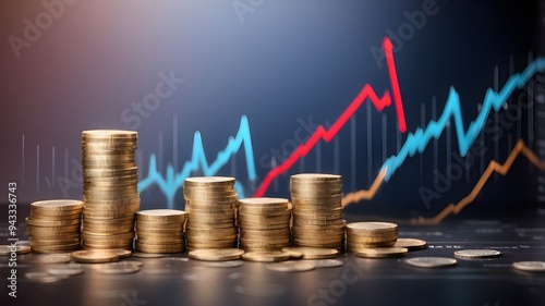 Coin stack with an upward-trending graph chart, business marketing