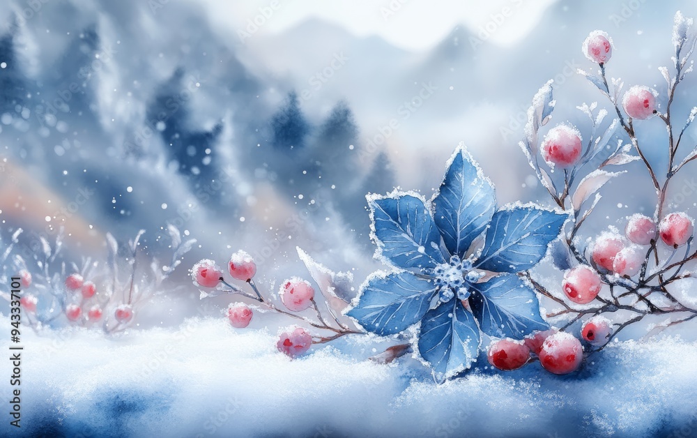 A serene winter landscape featuring blue flowers and red berries blanketed in snow, with mountains in the background. A serene winter landscape featuring blue flowers and red berries blanketed in snow, with mountains in the background.