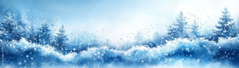 A serene winter landscape featuring snow-covered trees and a soft blue background, evoking calm and tranquility in a snowy scene.
