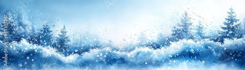 A serene winter landscape featuring snow-covered trees and a soft blue background, evoking calm and tranquility in a snowy scene.