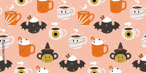 Vector collection of cute Halloween mugs. Hot cocoa, coffee and tea cups with cute faces, witch hat, black bat wings with stars and mummy, eye ball. Flat cartoon seamless pattern