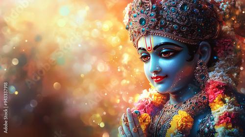 A vibrant and abstract depiction of Lord Krishna, featuring rich colors and intricate details, with a serene expression symbolizing divine love, peace, and spiritual enlightenment.