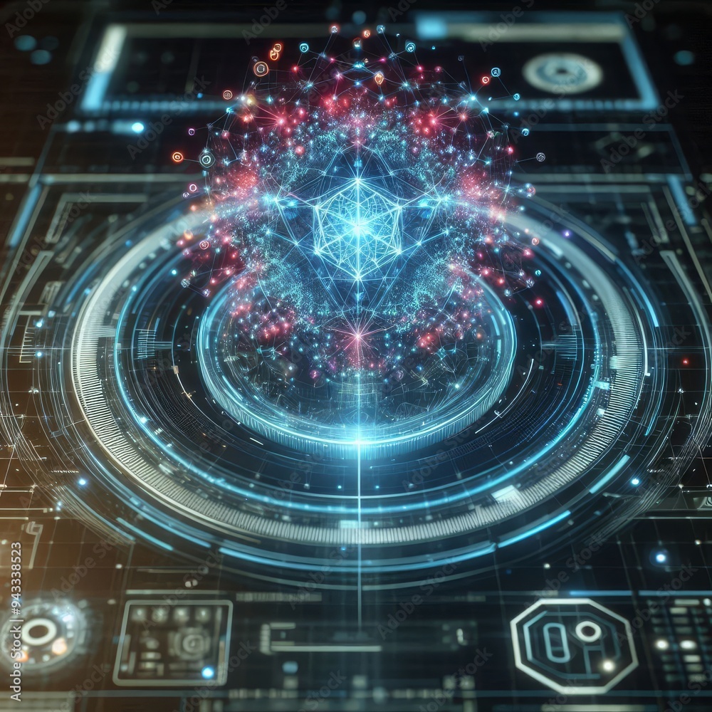 Futuristic HUD displaying a 3D object with a high-tech holographic interface of glowing fractal particles, representing nanotechnology radar software
Futuristic HUD displaying a 3D object with a high-tech holographic interface of glowing fractal particles, representing nanotechnology radar software