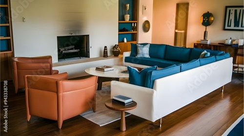 A mid-century modern living room with a white sofa, blue cushions, terra cotta armchairs, a fireplace, a wooden floor and a rug. photo