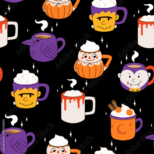 Vector collection of cute Halloween mugs. Hot cocoa, coffee and tea cups with cute faces, black crow, scarecrow, vampire with blood, frankenstein monster. Flat cartoon seamless pattern