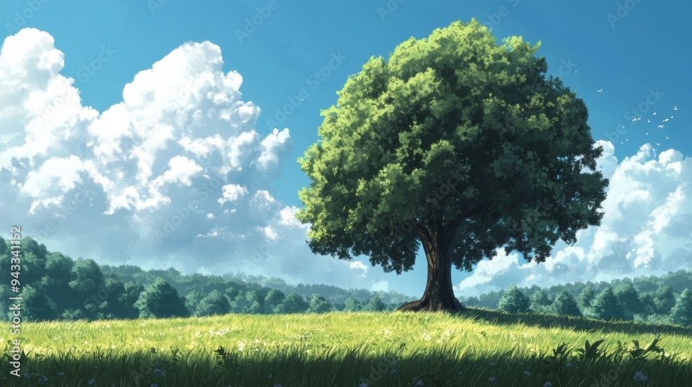 Obraz premium Lonely tree in the meadow, anime style