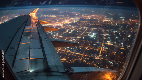 Nighttime Airplane Window View: Capturing City Lights and Starry Skies from Above