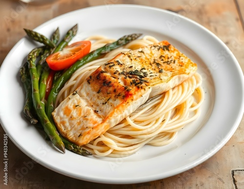 a plate of linguine with a salmon portion, surrounded by sautéed vegetables like asparagus and bell peppers, set against a rustic background create with ai