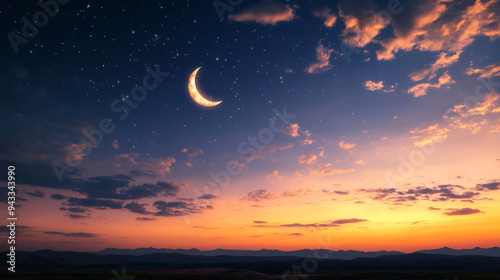 Ramadan night with an eastern moon, Hilal, and Eid, featuring a clear sky with some clouds at sunset. --ar 16:9 --v 6.1 Job ID: cf39136d-928f-4f08-a6b3-d0daafde201b