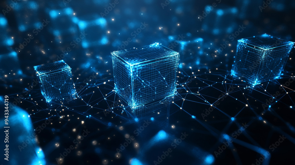 Abstract concept of blockchain technology presented in a futuristic low poly wireframe style. Digital linked blocks are shown containing cryptographic hashes and transaction data against a dark space Abstract concept of blockchain technology presented in a futuristic low poly wireframe style. Digital linked blocks are shown containing cryptographic hashes and transaction data against a dark space