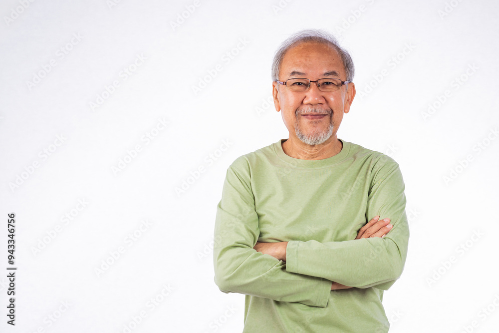 Portrait Asian grey haired smiling senior man with arms crossed studio shot isolated on white background, elderly arms folded lifestyle freedom relax retirement concept Portrait Asian grey haired smiling senior man with arms crossed studio shot isolated on white background, elderly arms folded lifestyle freedom relax retirement concept