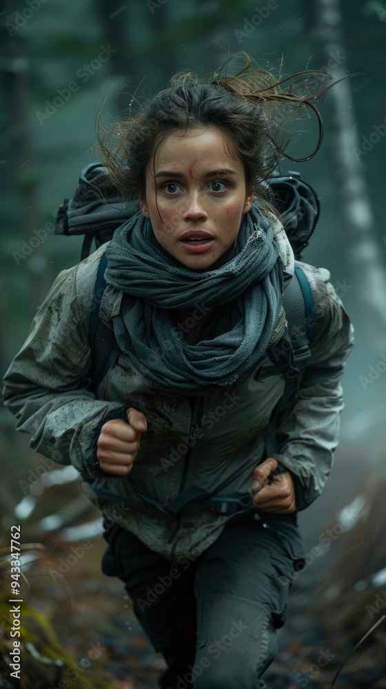 Terrified woman running through a dense forest in fear