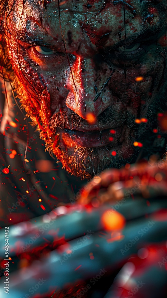 Bloodied warrior with intense gaze amid flying embers Bloodied warrior with intense gaze amid flying embers