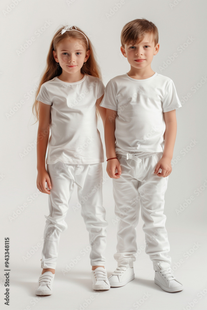 Young boy and girl in white, clothing mockup Young boy and girl in white, clothing mockup