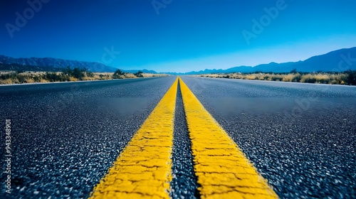 A long, straight road leading into the distance. On both sides of the asphalt, there are yellow stripes. The sky is a clear, blue expanse without clouds. The desert landscape features low, green bush