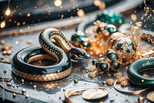 Happy New Year 2025. The symbol of the year is a snake made of gold metal, confetti and sequins on a black background. A festive poster or banner for a party and New Year's Eve.