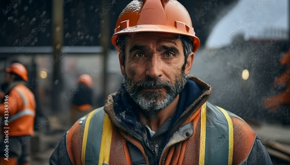 A smiling male construction worker in a yellow hard hat and reflective vest stands with arms crossed at a busy site, with colleagues in the background.
