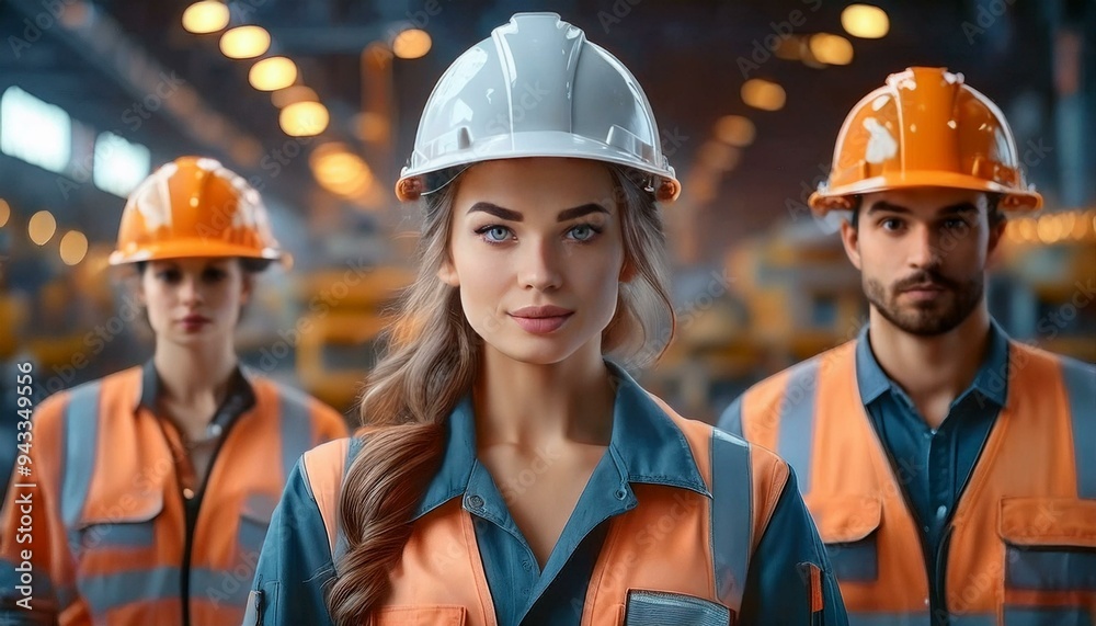 Construction worker with young women work wearing safety uniform and helmet Construction worker with young women work wearing safety uniform and helmet