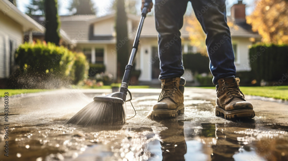 Pressure washing driveway. Close up on water splash and worker in worker boots cleaning driveway with pressure washer. Pressure washing driveway. Close up on water splash and worker in worker boots cleaning driveway with pressure washer.