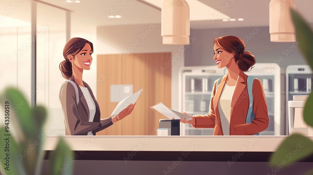 Two women engaged in a friendly conversation while holding documents in a modern office reception area during daylight hours Two women engaged in a friendly conversation while holding documents in a modern office reception area during daylight hours