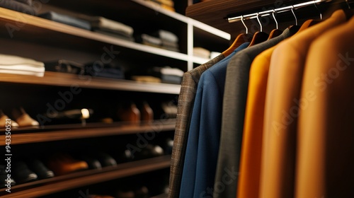 A stylish walk-in closet with hanging space, shoe racks, and a full-length mirror