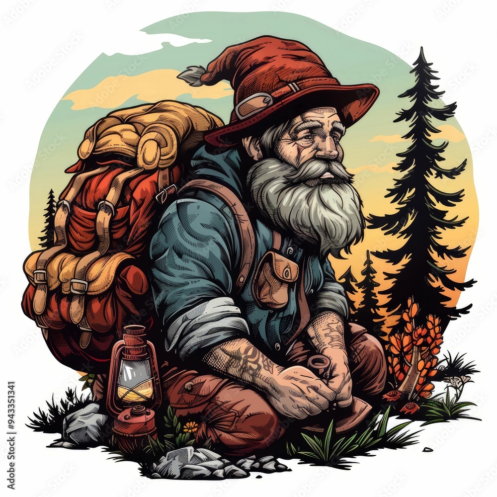 Obraz premium A bearded man in a red hat, with a backpack, sits in a forest.