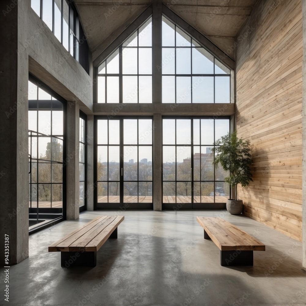 Modern Interior Design with Triangular Window and Wooden Benches Modern Interior Design with Triangular Window and Wooden Benches