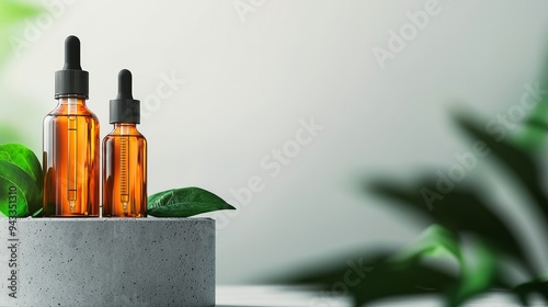 Luxury skincare in glass bottles, pipettes resting on modern concrete podium, 3D illustration photo