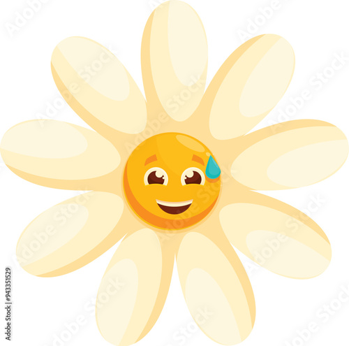 Cartoon daisy character with a happy expression sweating under the sun