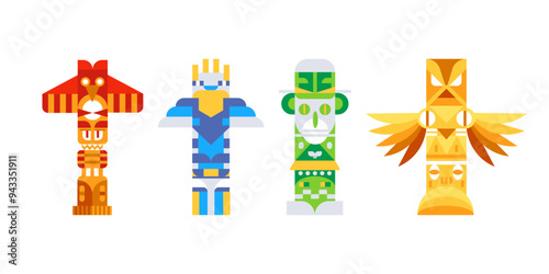 Four colorful totem poles are standing on a white background, representing the rich history and traditions of native american culture