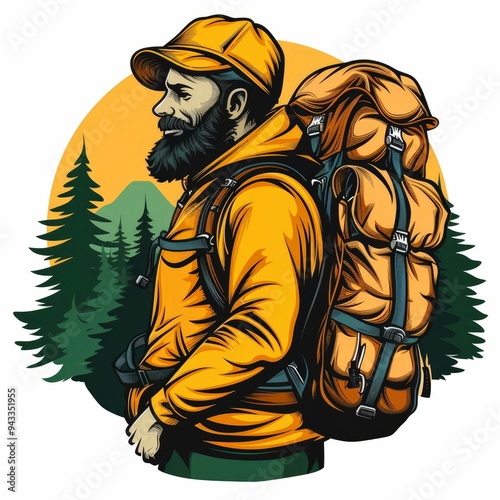 Bearded Man in Yellow Jacket and Cap with Large Backpack in Front of Pine Trees and Mountain photo